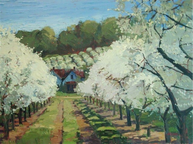 A painting of an orchard with trees in bloom.