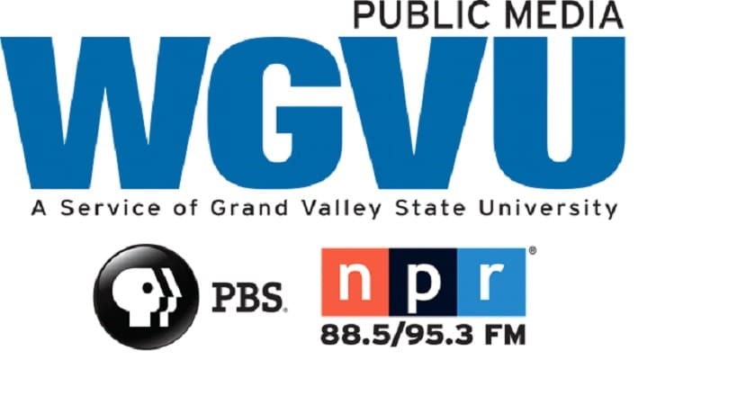 A logo for the public media group of grand valley state university.